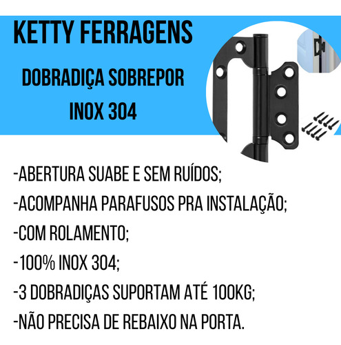 10 Dobradiça Porta Sobrepor Sem Rebaixo Inox 4'x3' Preta