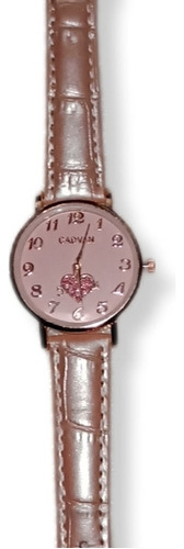 Reloj Mujer Cadvan Dorado Diseño Corazón Correa Cuero Rosada