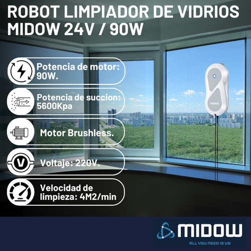Robot Limpia Vidrios Inteligente Midow Interior Exterior 90w Con Deposito De Liquido Control Remoto O App