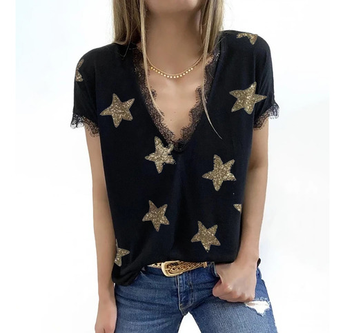 Camiseta De Verano Con Cuello En V Y Estampado De Estrellas,