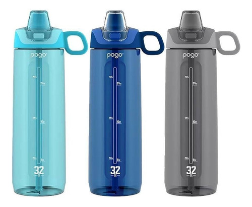 Botella Sport P/agua Pogo De Tritan (946 Ml)3 Pzas Antifugas Color Aqua-gris-azul