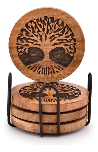 Juego De 4 Posavasos Kimona Hechos A Mano, Redondos De Mader