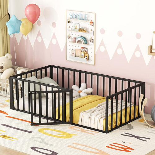 Twin Size Metal Versatile Floor Bed Frame With Door And Safe