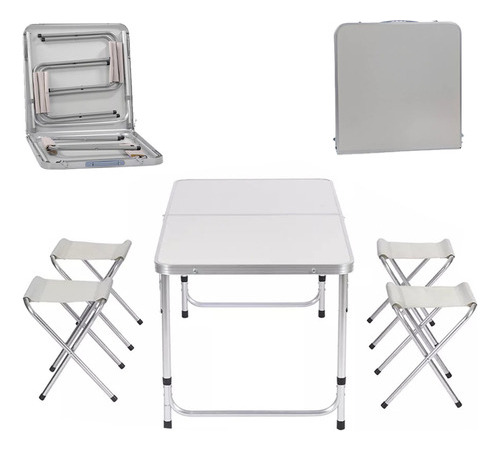 Mesa Plegable Tipo Portafolio 1.20 M Con 4 Sillas Portátiles Blanco