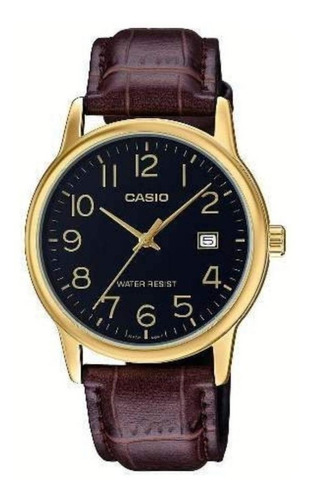 Reloj pulsera Casio MTP-V002 con correa de cuero color marrón - fondo negro - bisel dorado