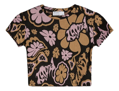 Polera Crop Ajustada Bershka Jacquard Print Flores Talla M