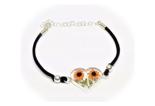 Linda Pulsera Plata D Ley 925 Girasol Hilo Negro B279