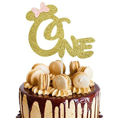 First 1st One Year Birthday Cake Topper - Gold Glitter Minni