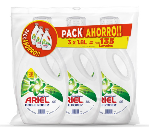 Imagen 1 de 7 de Pack 3 Detergente Líquido Ariel Concentrado Doble Poder 1.8l