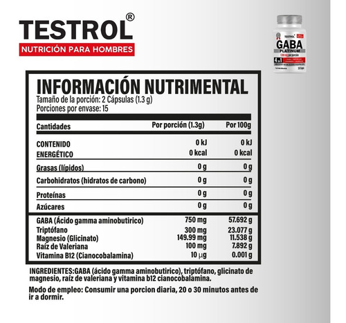 Imagen 2 de 5 de Gaba Platinum 4 En 1 Testrol 30 Capsulas