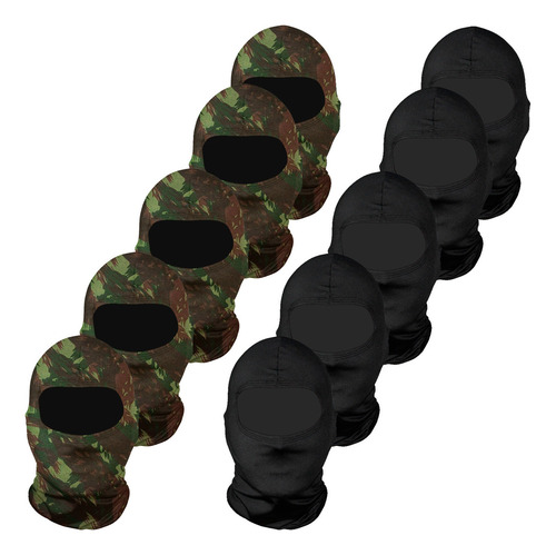 Kit 10 Balaclavas Balaclava Touca Ninja Bandana Uv50+ Cor 5 Pretas / 5 Verde Camuflado Exército