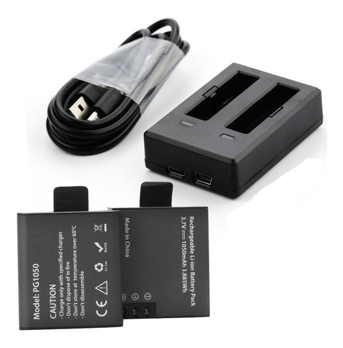 Kit Carregador Duplo Sjcam + 02 Bateria Eken Pg1050mah H9r