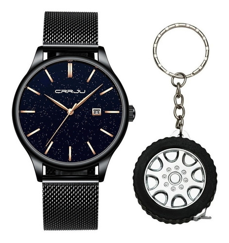 Relógio Masculino Crrju Luxo Preto Metálico + Chaveiro Cor do fundo Azul-escuro