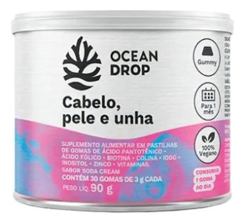 Gummy Cabelo, Pele E Unha 30 Gomas Vegano - Ocean Drop Sabor Cream Soda