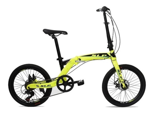 Bicicleta urbana plegable SLP F-100 R20 7v frenos de disco mecánico cambios Shimano Tourney TZ500 color amarillo con pie de apoyo  