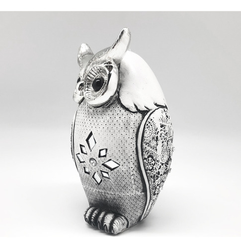 Figura Decorativa Búho Con Incrustaciones De Espejos 18cm Color Blanco