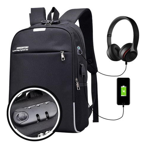 Mochila Anti Furto Notebook Bolsa Com Senha Faculdade Escolar Saída Cabo Aux Usb E Fone Ouvido - Marca Miran