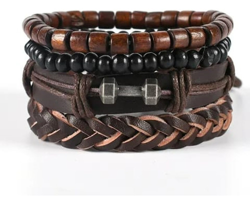 Conjunto Pulsera Hombre Cuero Trenzado Pesa Mancuerna 4en1 