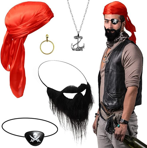 Juego 6 Accesorios Disfraz Pirata Para Hombre Con Gorra Parc