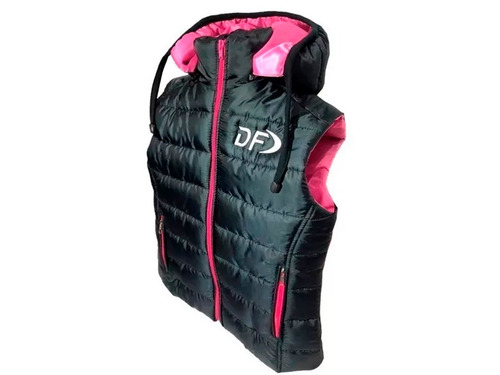 Chaleco Inflable Mujer Df Capucha Desmontable Negro / Rosa
