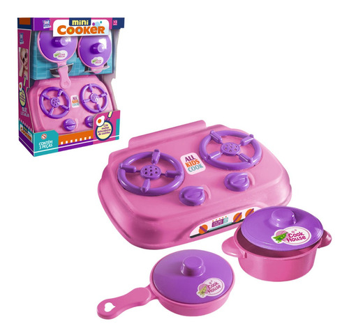 Kit Cozinha Infantil Mini Cooker Fogãozinho Panelinhas 3 Pçs Cor Rosa e Roxo