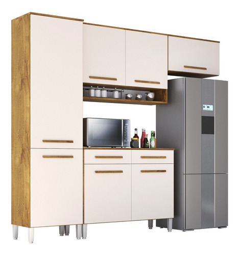 Cozinha Compacta Rebeca 7 Portas 2 Gav. Cor Castanho/Off white