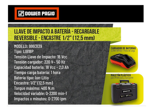 Imagen 7 de 12 de Llave Impacto Inalambrica Bateria 1/2 Dowen Pagio 18v Litio