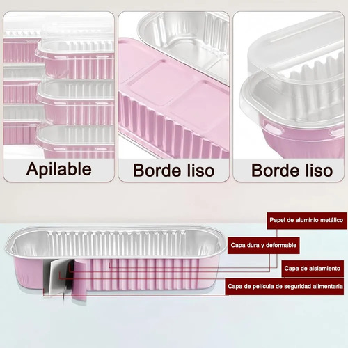 Banna 50 Molde Aluminio Desechable 200ml Con Tapa, 6.8 Oz/200ml Moldes Para Tartas, Molde Rectangular De Papel De Aluminio Para Tartas, Para Picnics, Barbacoas, Camping, Bodas, Fiestas , Rosa