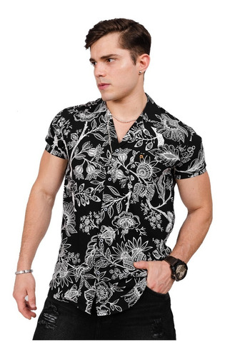 Camisa Tropikl Hawaiana Mystic Slim Fit Noche Negro Floral