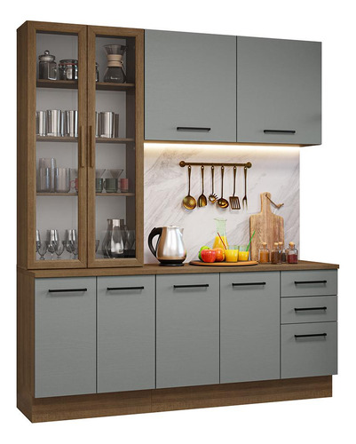 Armário Cozinha Compacta 190cm Cristaleira Agata Madesa 01 Cor Rustic/Cinza