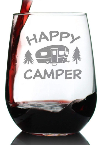 Happy Camper - Funny Stemless Wine Glass - Cute Camping Gift