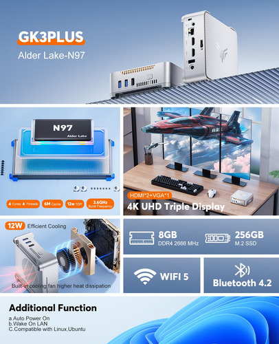Mini Pc Kamrui Gk3plus Con Windows 11, 8 Gb De Ram, 256 Gb,