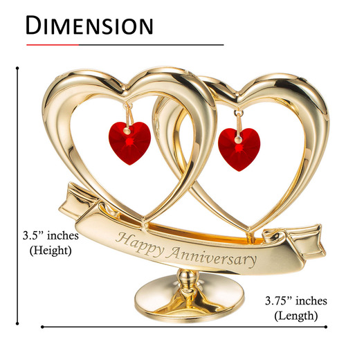 Hermoso Tablero De Mesa Chapado En Oro De 24 Quilates Feliz Aniversario Con Doble Corazón Hecho Con Auténticos Cristales Rojos