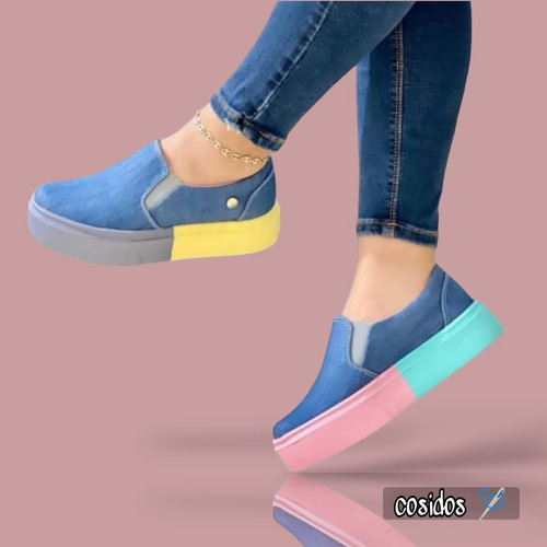 Zapatillas Van Slip-ons Dama Lona Mujer Arcoiris Cosidos