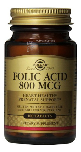 Solgar Tabletas De Acido Folico 800 Mcg 100 Unidades