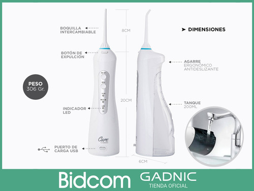 Imagen 7 de 10 de Irrigador Dental Water Gadnic Recargable 4 Puntas Blanqueo