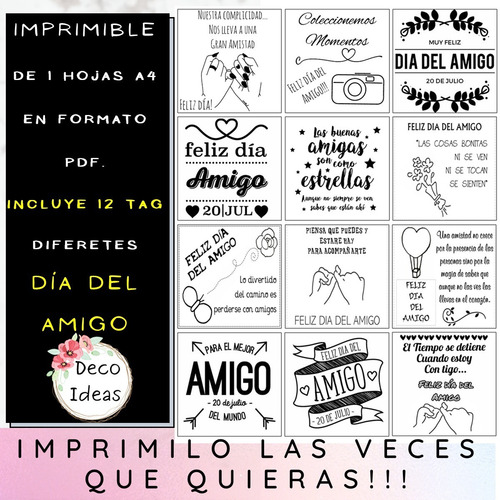 Imagen 3 de 3 de Dia Del Amigo Imprimible Pdf 001 /incluye 12 Tag B/n