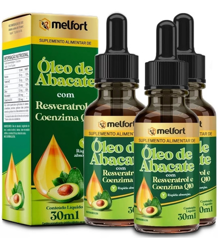 3 Frascos De Óleo De Abacate Resveratrol Coenz. Q10 Niacina