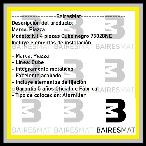 Imagen 3 de 5 de Juego Accesorios Baño Piazza Cube Negro 73028ne Set 4 Piezas