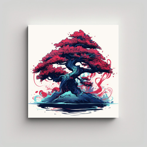 70x70cm Cuadro Árbol Bonsái En Colores Rojo Y Azul Flores