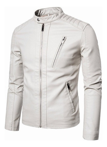 Chamarra Piel Slim Fit Moda Hombre Tipo Biker Blanca