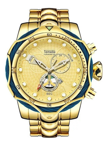 Relógio Masculino Dourado Temeite Luxo Original Quartzo