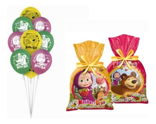 Masha E O Urso Kit Festa 25 Balões + 12 Sacolas Surpresa