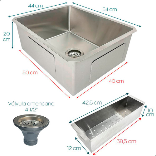 Cuba Inox Gourmet 50cm x 40Cm Quadrada Com Cesto Escorredor Cuba De Embutir Bancada Pia Cozinha Aço Inoxidável 304 Dona D.cor