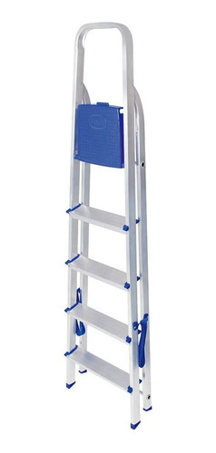 Imagen 3 de 10 de Escalera Tijera De Aluminio Plegable 5 Escalones Mor 5103 Base Antideslizante, Traba De Seguridad. Ultimo Escalon Como Plataforma Y Soporte De Aluminio Para Sujetarse