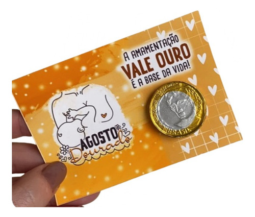 100 Lembrancinhas Agosto Dourado Card + Moeda De Chocolate