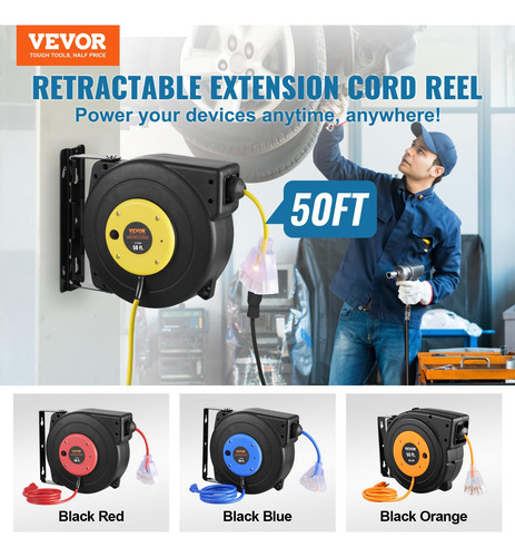 Carrete Retráctil De Cable De Extensión Vevor, 50 Pies, 14 A