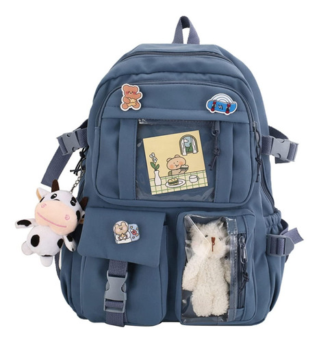 Mochila Para La Escuela Con Pin Kawaii Y Accesorios, Azul