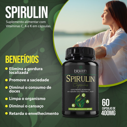Spirulina Redutor De Apetite Com Vitaminas A C E K2- 60 Cáps