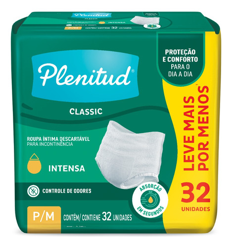 Roupa Íntima Classic Para Incontinência P/m 32 Un Plenitud Médio